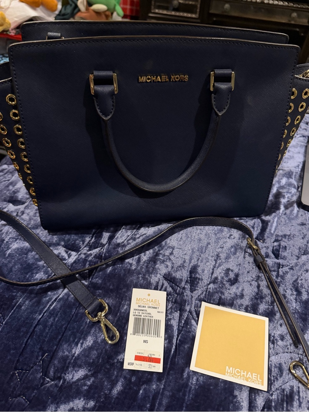 Michael Kors Navy Saffiano Tote with Gold Grommet Accents - Picture 3 of 4